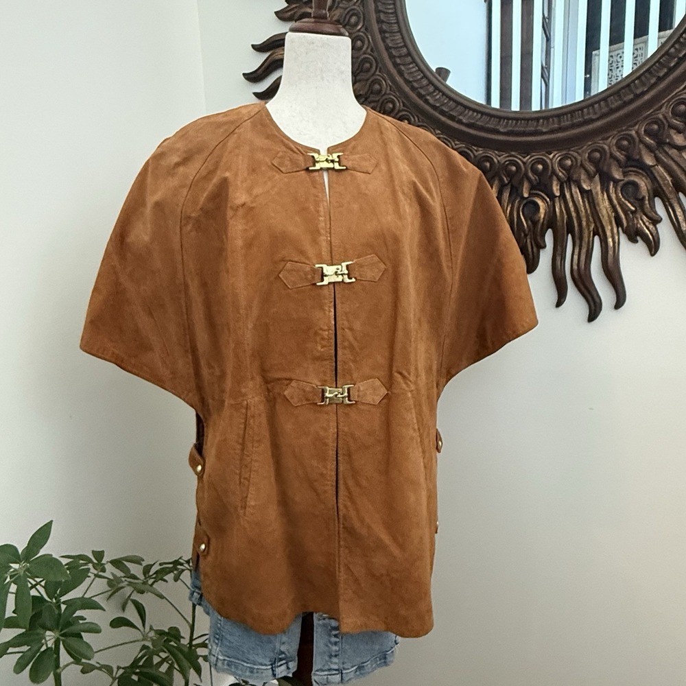 Soft Surroundings Suede Leather Serafina Sleeve Poncho Cape L Tabard Jacket Boho